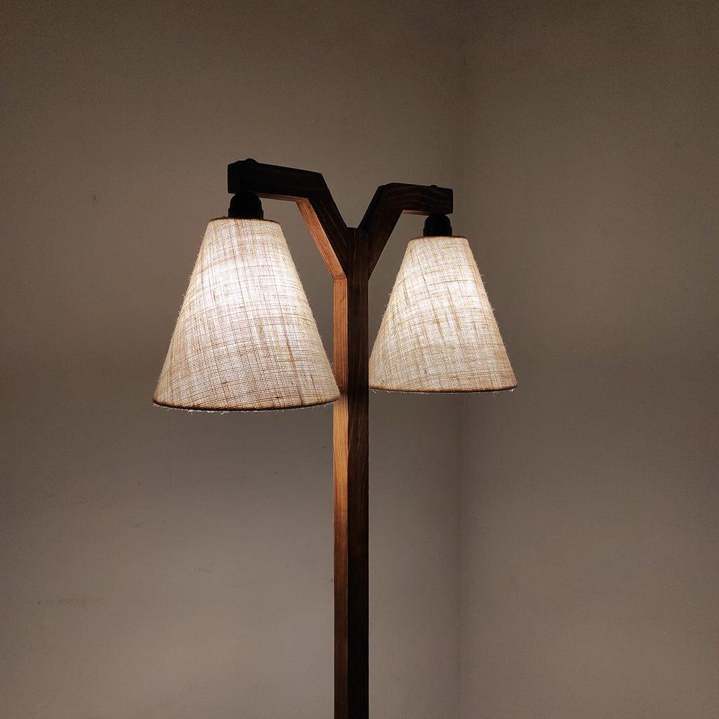 Elania Wooden Floor Lamp with Brown Base and Beige Fabric Lampshade (BULB NOT INCLUDED) - Ouch Cart