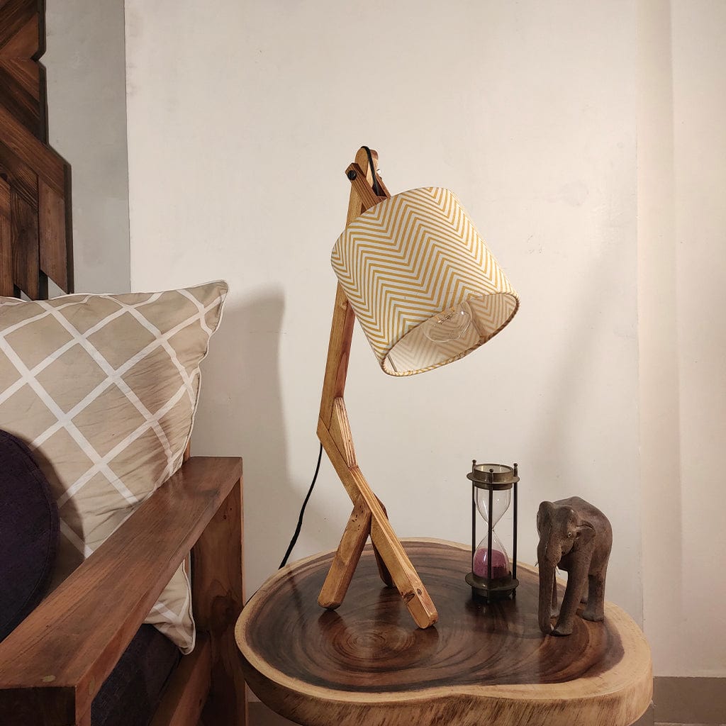 Emphasis Wooden Table Lamp with Brown Base and Yellow Fabric Lampshade (BULB NOT INCLUDED)