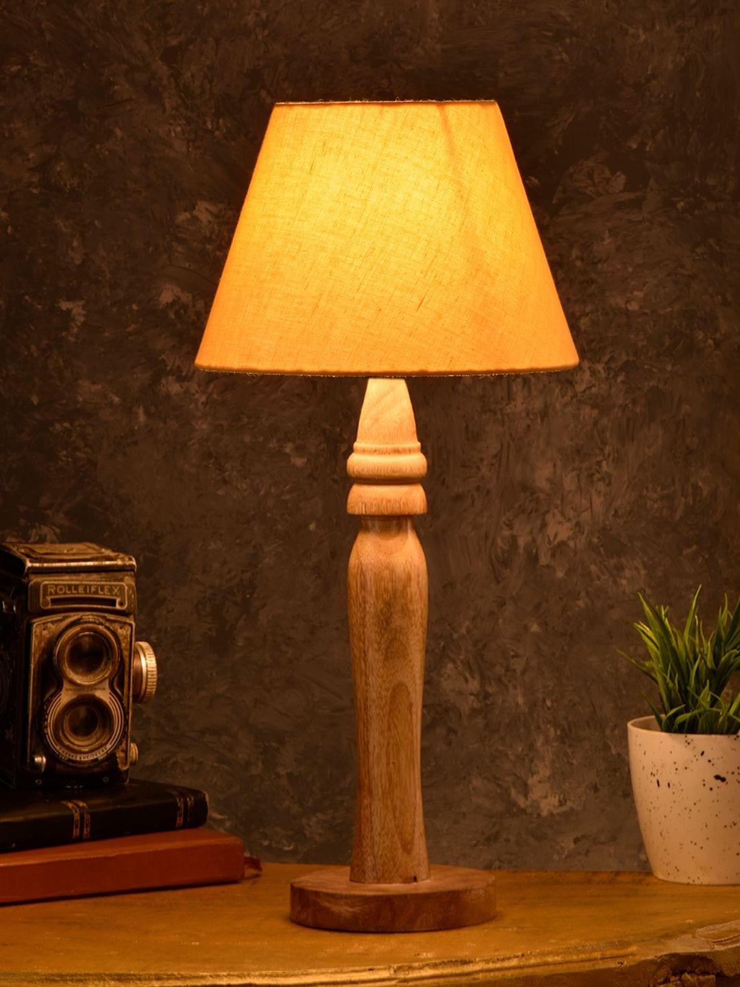 Round Brown Lamp with Taper Yellow Cotton Shade - Ouch Cart