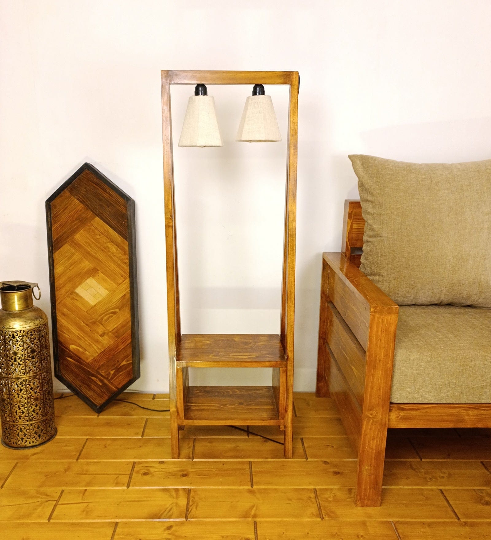 Francis Wooden Floor Lamp with Brown Base and Jute Fabric Lampshade (BULB NOT INCLUDED)