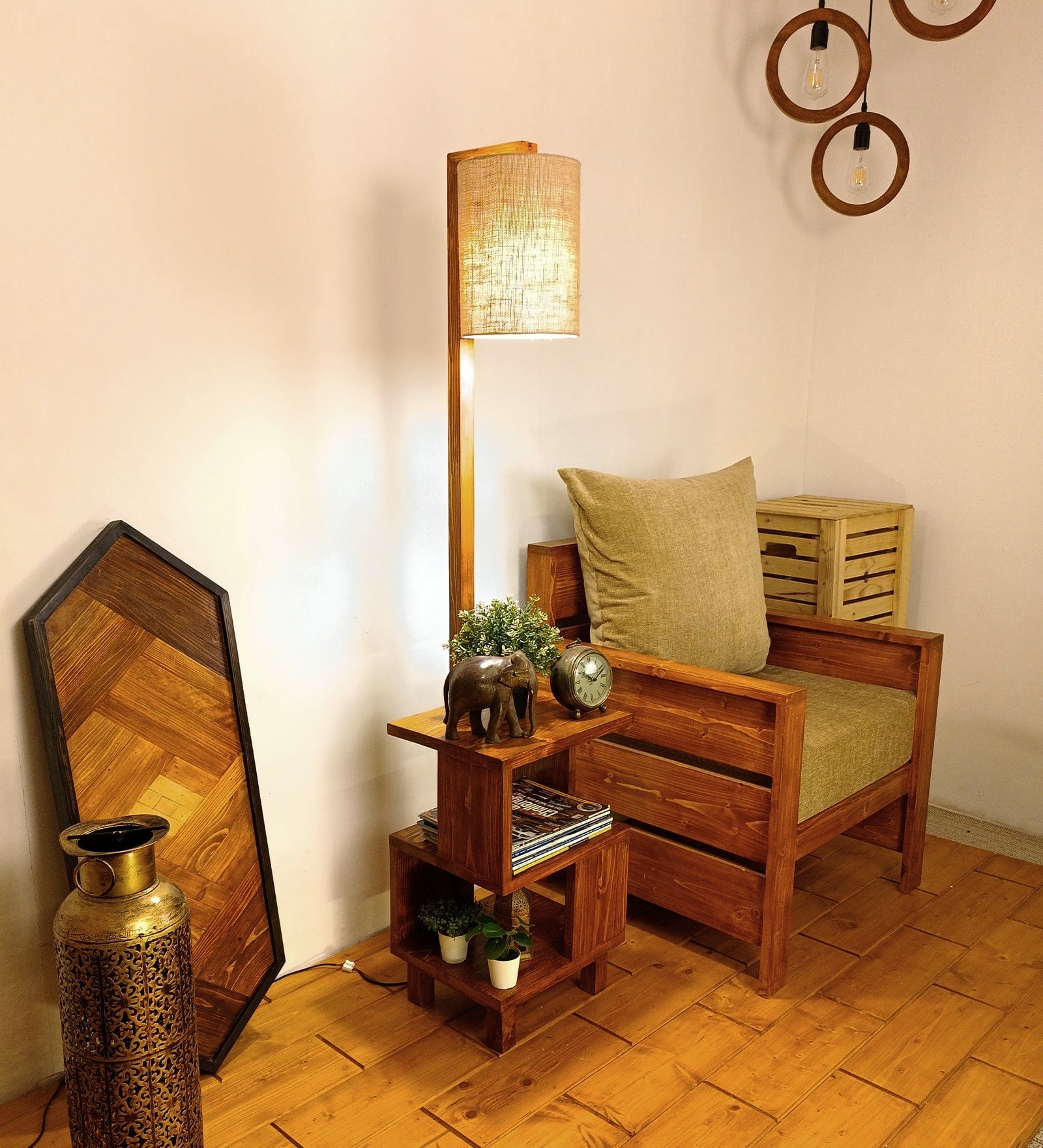Henry Wooden Floor Lamp with Brown Base and Jute Fabric Lampshade (BULB NOT INCLUDED)