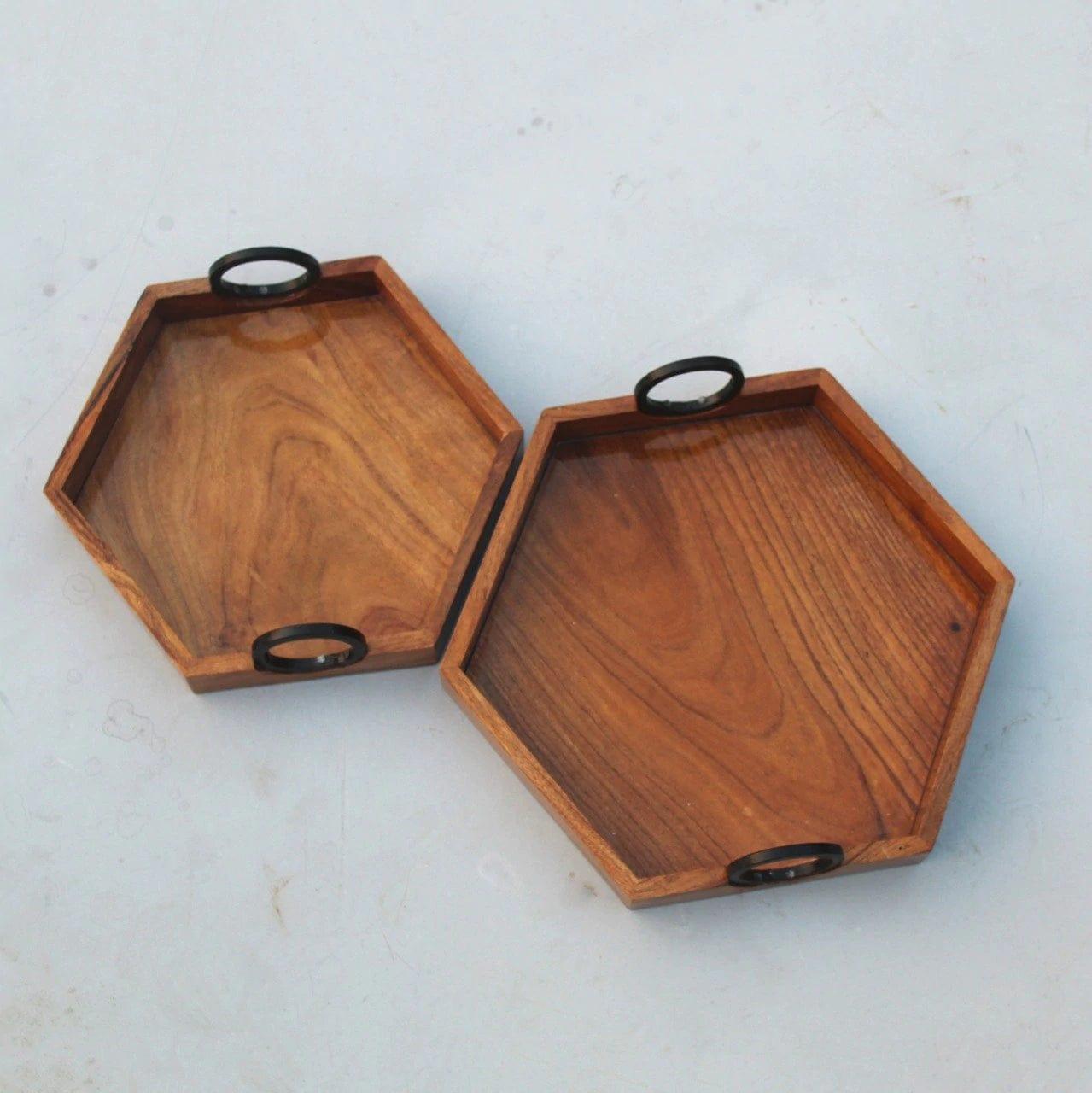 BEAUTIFUL HEXA TRAY WITH IRON HANDLE || ACACIA WOOD - Ouch Cart