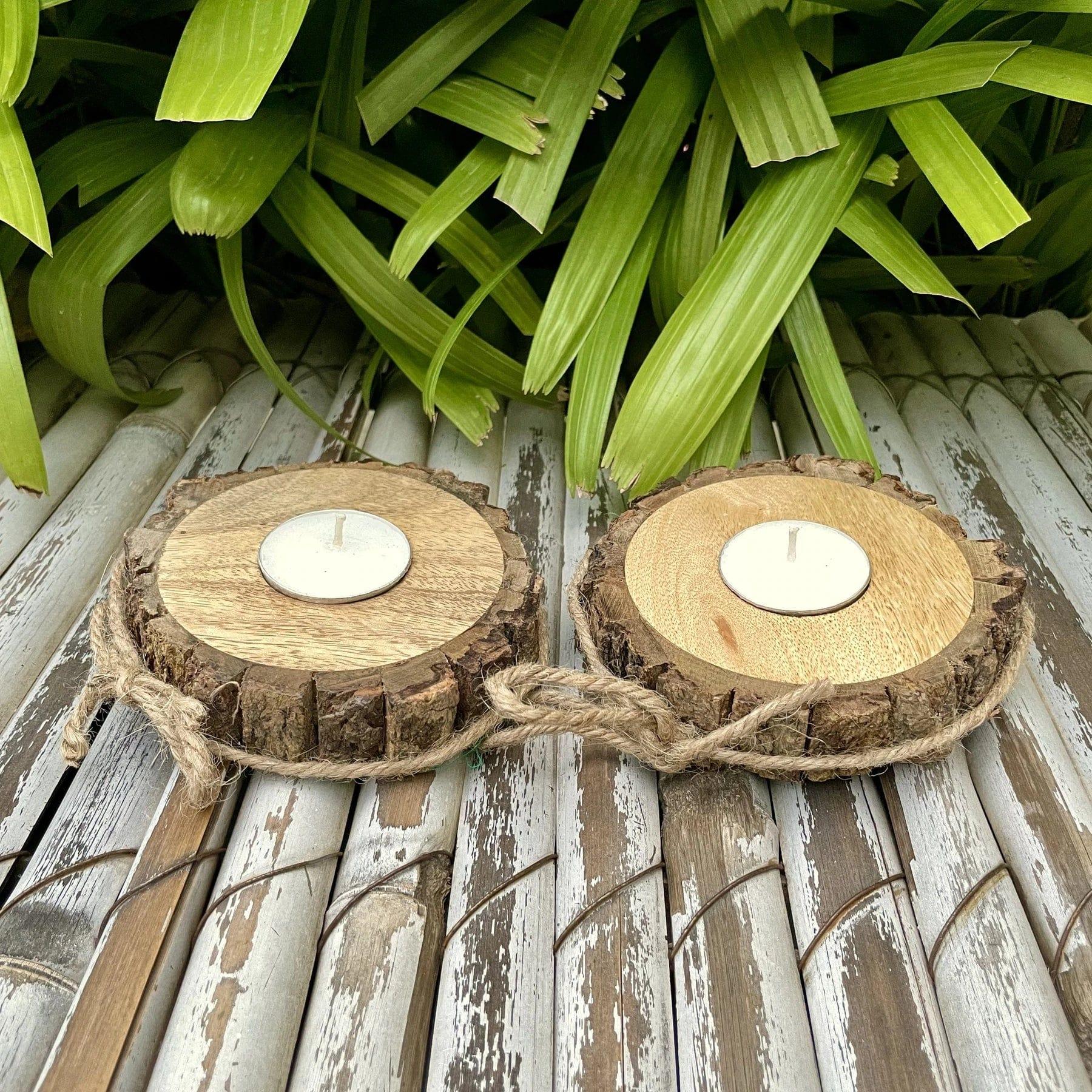 BARK STYLE CANDLE HOLDER WITH CANDLES II WOODEN CANDLE HOLDER ( SET OF 2 ) - Ouch Cart