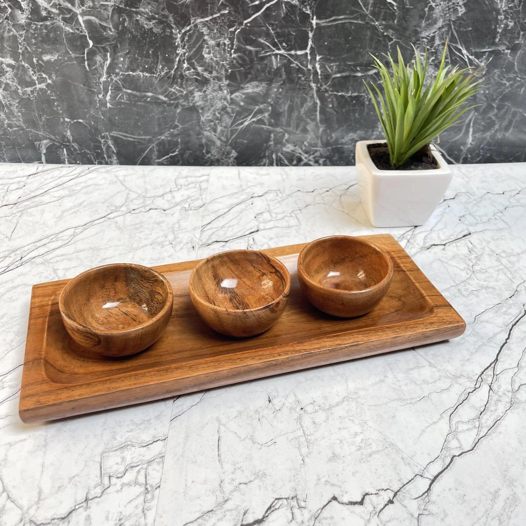 ACACIA WOOD SERVING TRAY WHIT 3 BOWL II FOOD GRADE - Ouch Cart