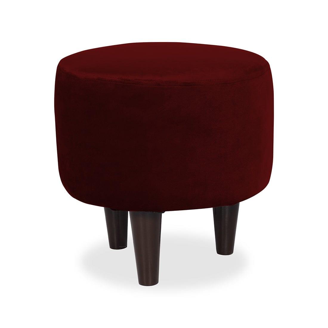 DOE BUCK ROUND VELVET OTTOMAN WITH WOODEN LEG IN MEHROON - Ouch Cart