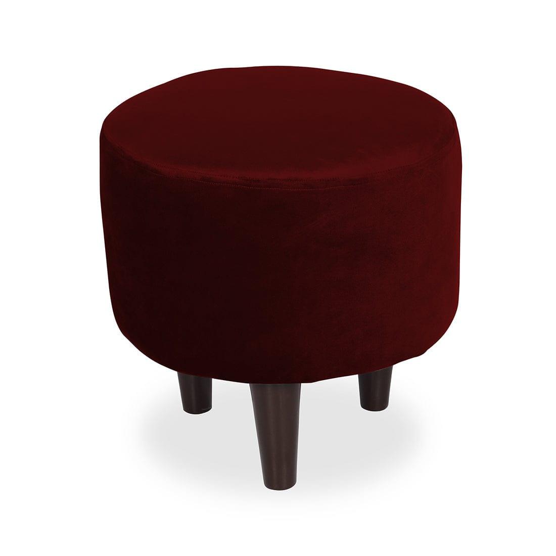 DOE BUCK ROUND VELVET OTTOMAN WITH WOODEN LEG IN MEHROON - Ouch Cart