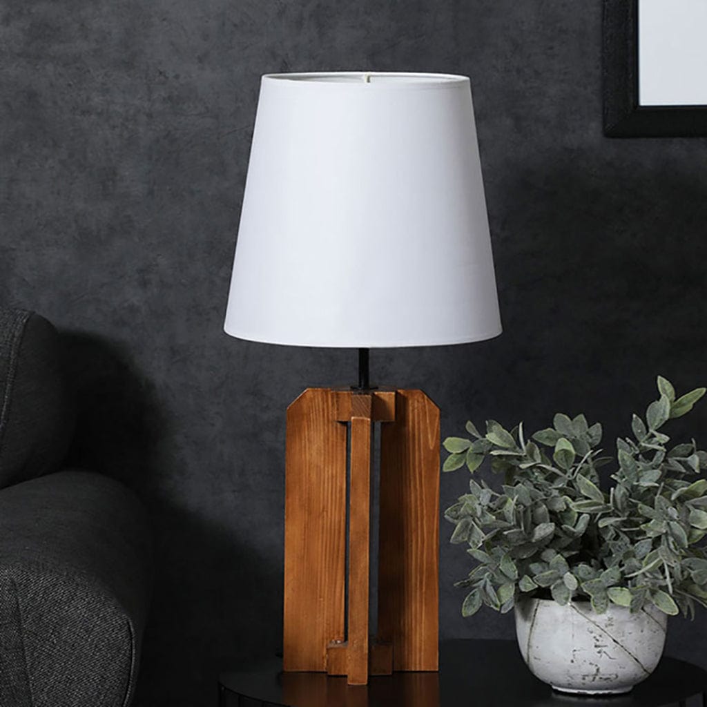 Stella Brown Wooden Table Lamp with White Fabric Lampshade (BULB NOT INCLUDED)