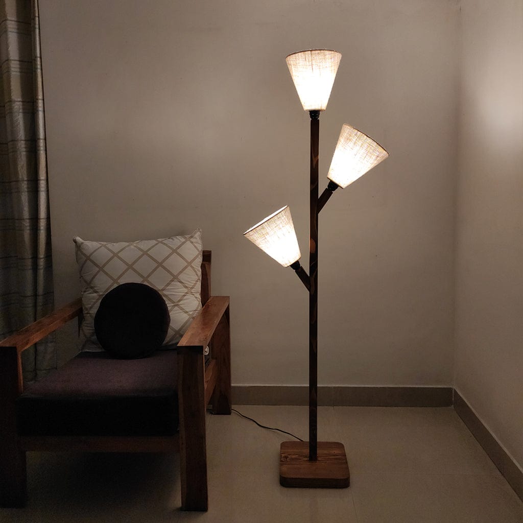 Jasper Wooden Floor Lamp with Brown Base and Beige Fabric Lampshade (BULB NOT INCLUDED)