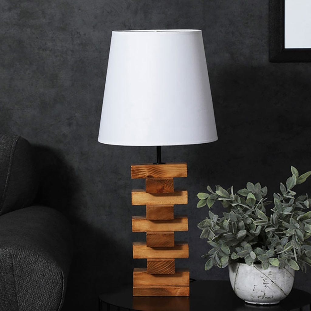 Libra Brown Wooden Table Lamp with White Fabric Lampshade (BULB NOT INCLUDED)