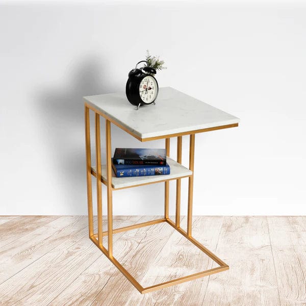 Creative White Marble & Metal Stone Side/Coffee Table With Magazine Holder ( Random Design )