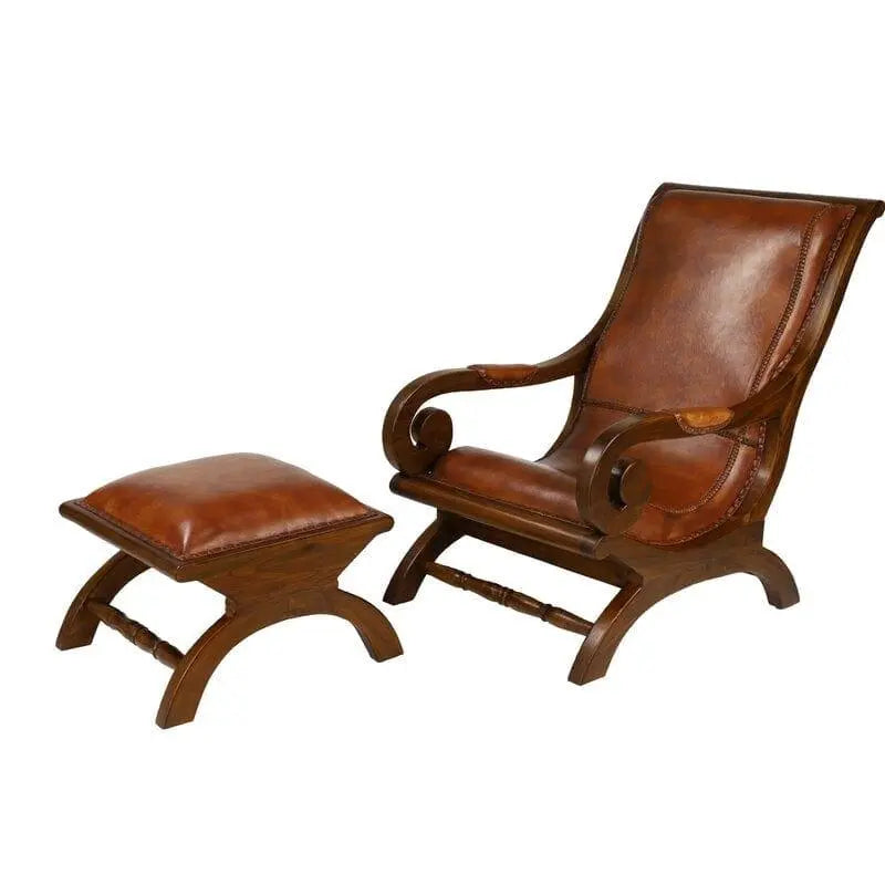 Teak Wood Armchair Lounge Chair with Ottoman - Ouch Cart