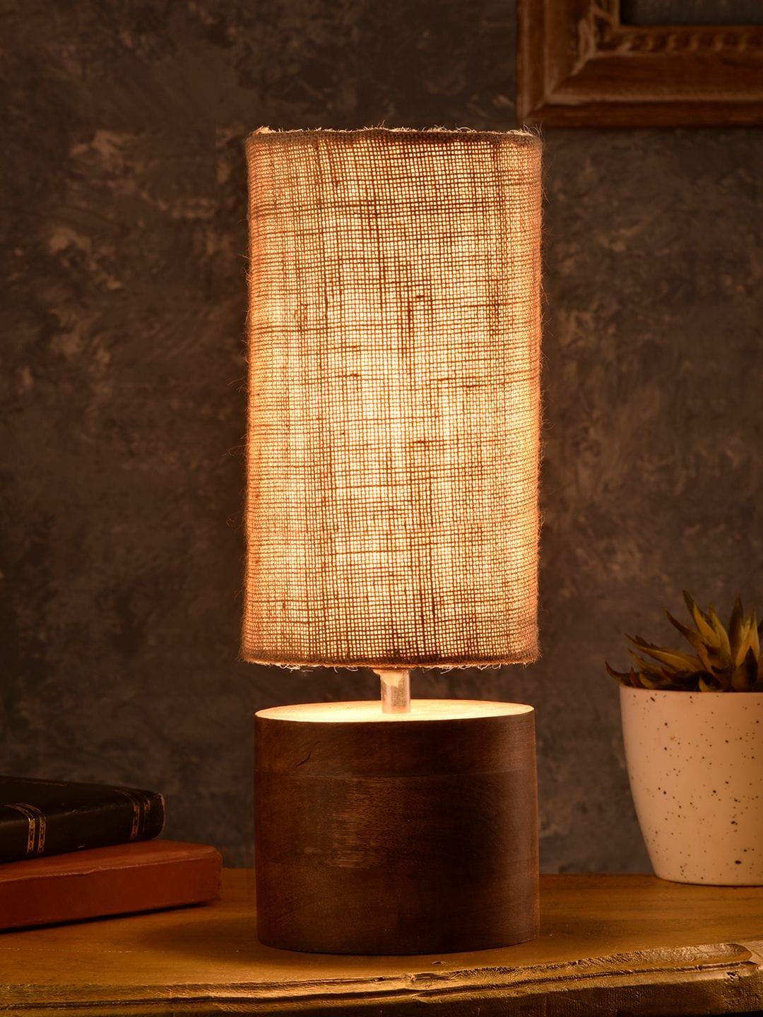 Wooden Log Table Lamp with Brown Jute Shade - Ouch Cart