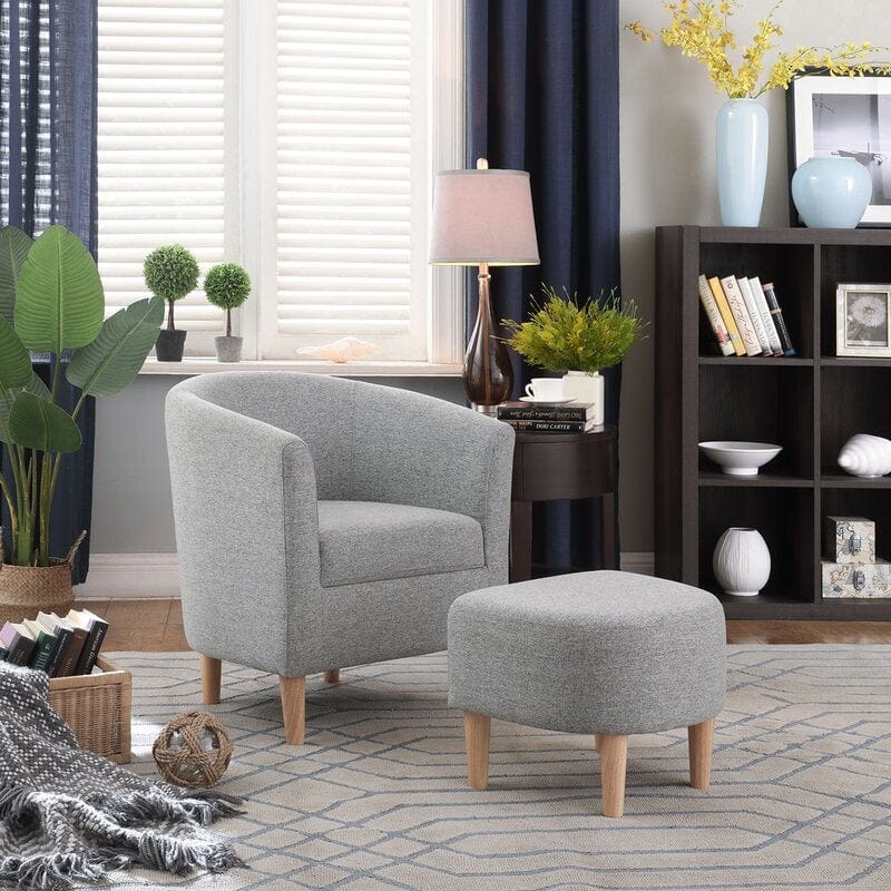 Wide Linen Armchair and Ottoman