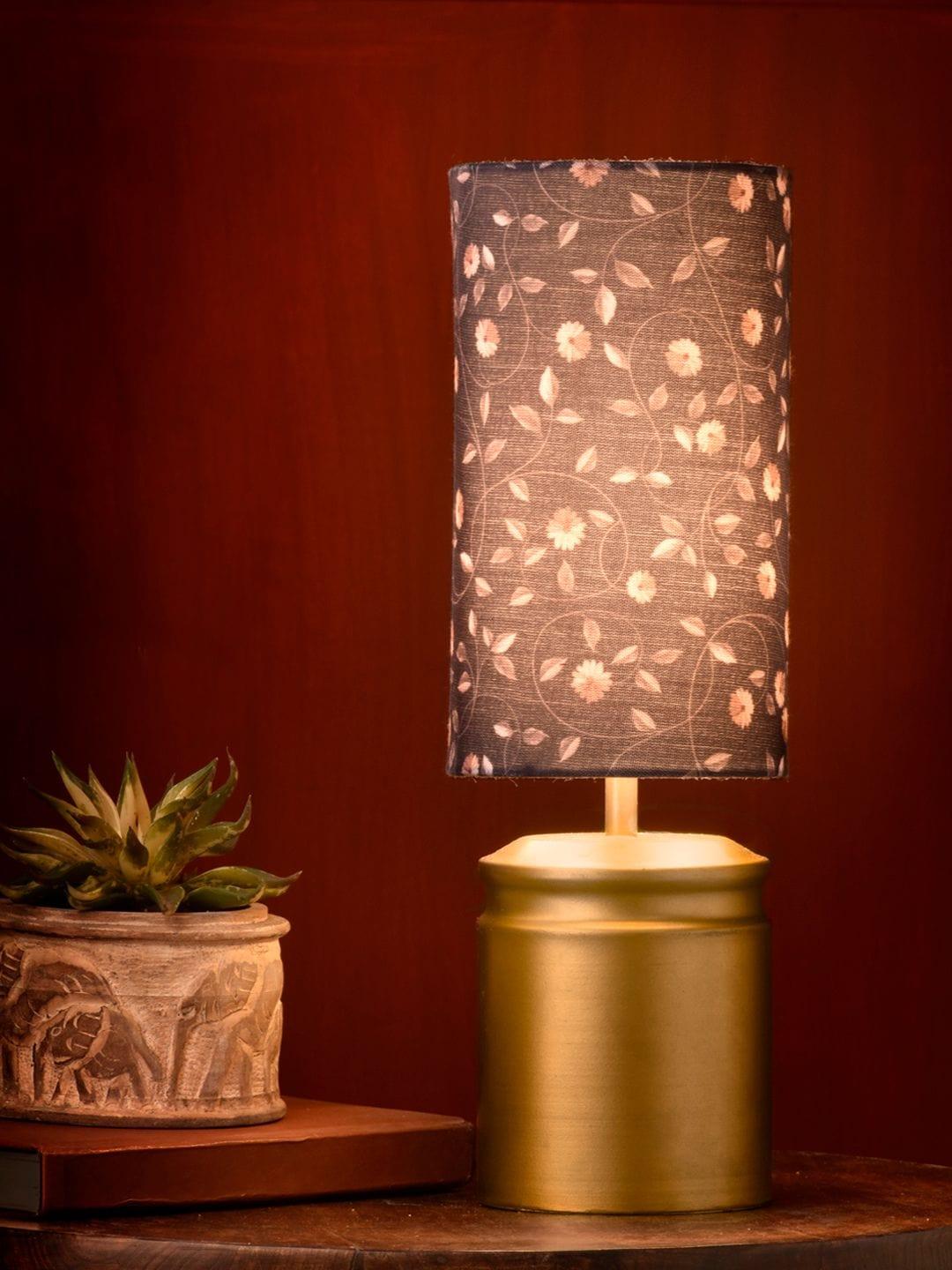 Metal Golden Table Lamp with Floral Print Shade - Ouch Cart