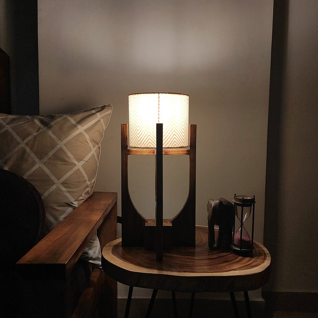 Solitaire Wooden Table Lamp with Brown Base and Premium White Fabric Lampshade (BULB NOT INCLUDED)