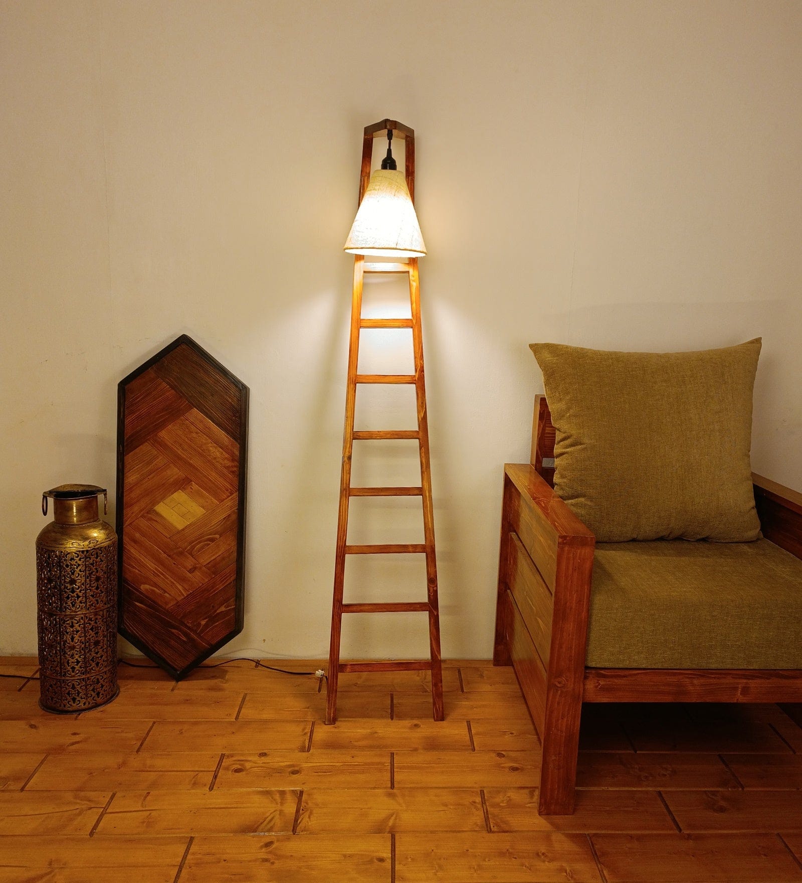 Stairway Wooden Floor Lamp with Brown Base and Jute Fabric Lampshade (BULB NOT INCLUDED)