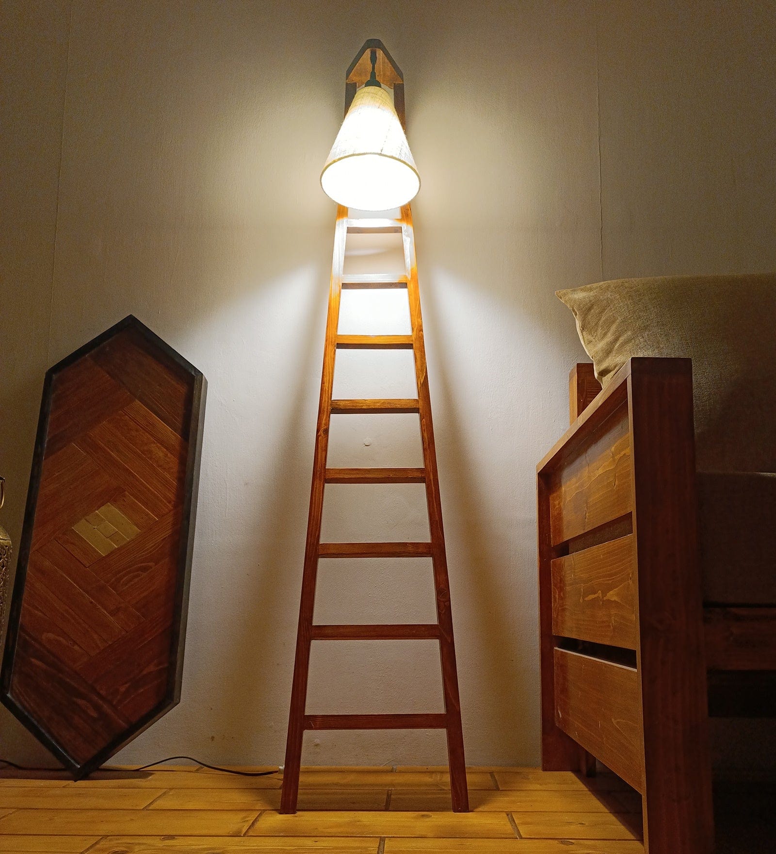 Stairway Wooden Floor Lamp with Brown Base and Jute Fabric Lampshade (BULB NOT INCLUDED)