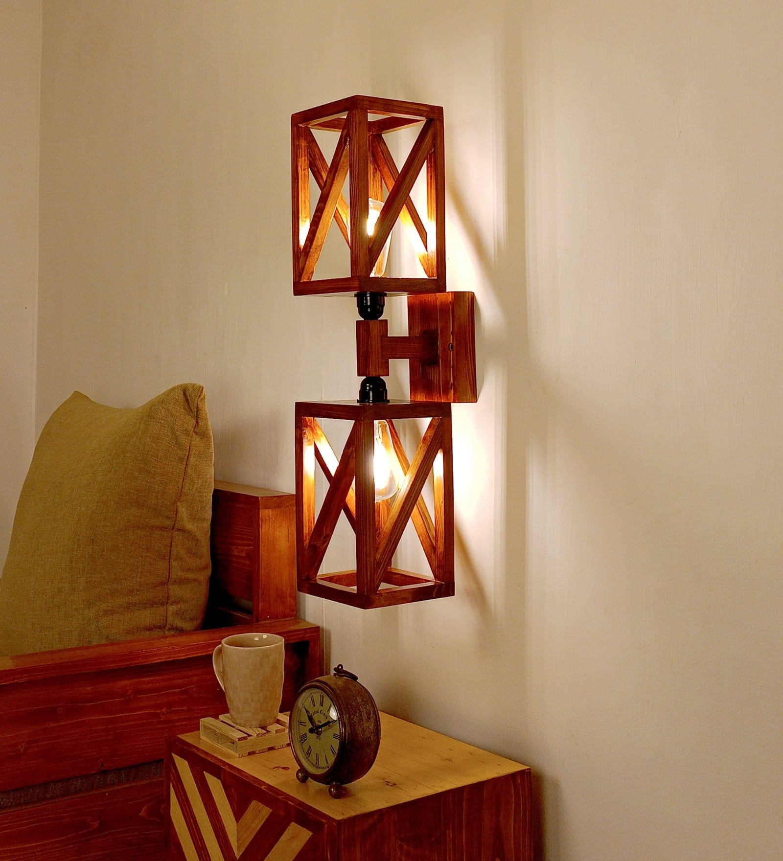 Symmetric Duo Brown Wooden Wall Light (BULB NOT INCLUDED)