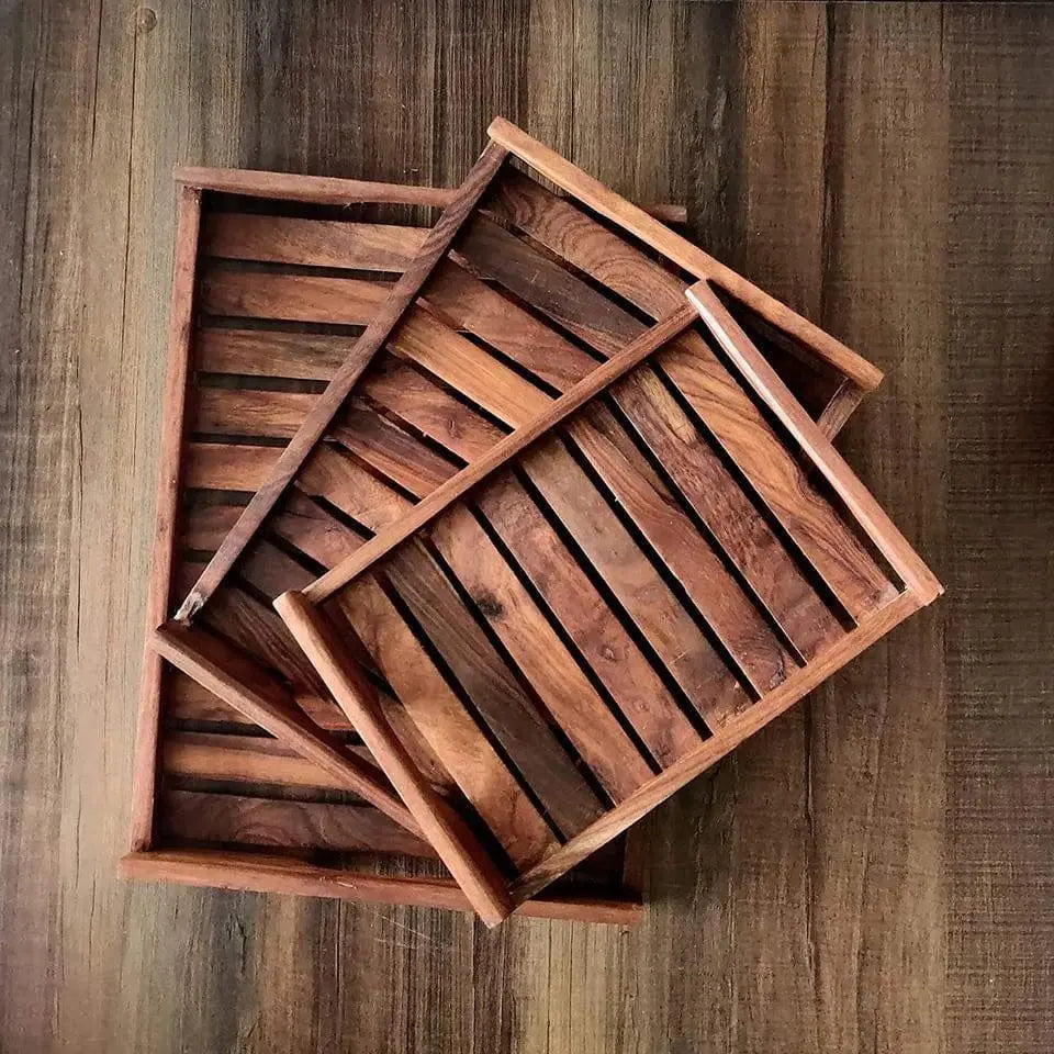 SHEESHAM WOOD STRIP TRAY SET OF 3 - Ouch Cart
