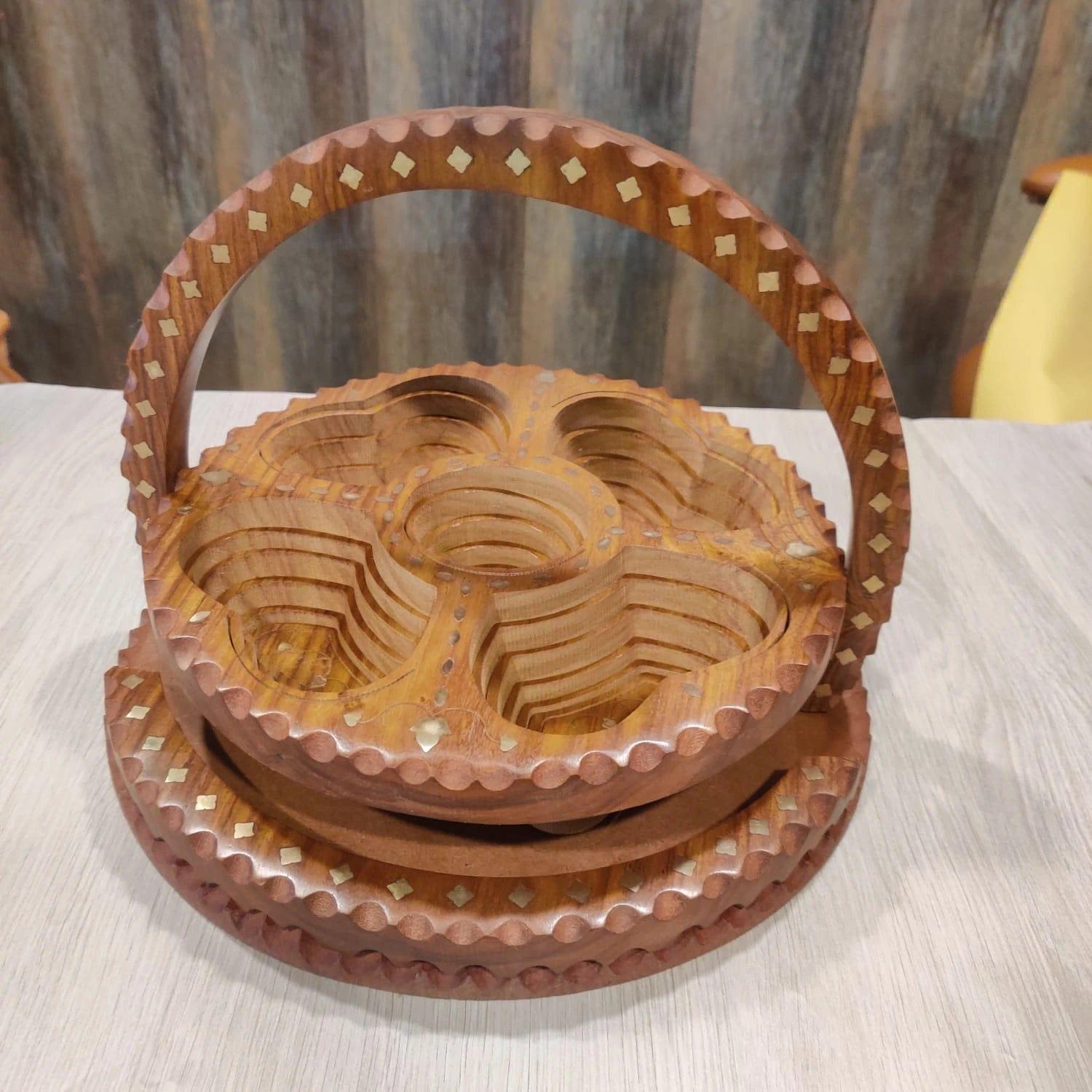 WOODEN BEAUTIFUL DRY FRUIT FOLDABLE BASKET ROUND SHAPE 4 PART - Ouch Cart