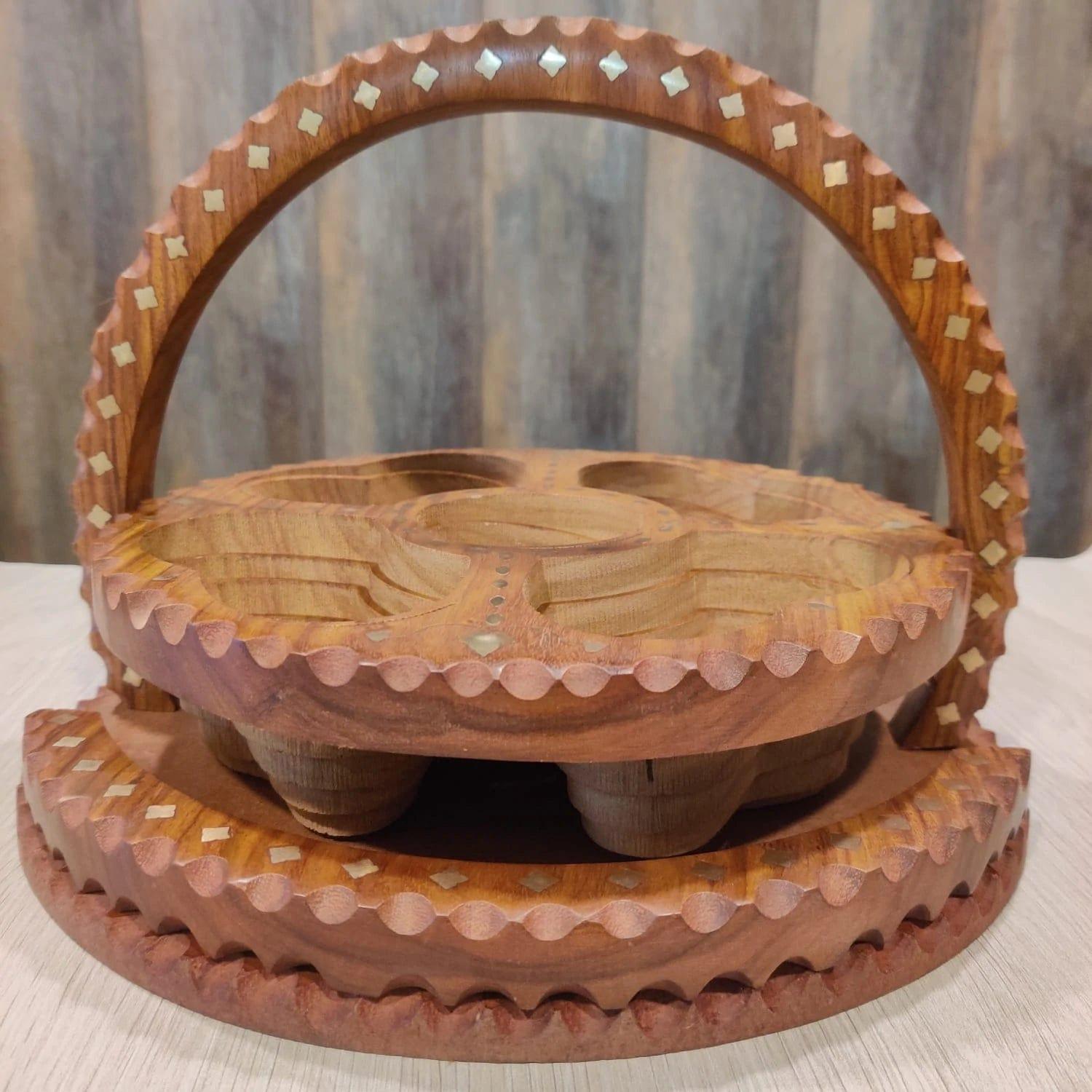 WOODEN BEAUTIFUL DRY FRUIT FOLDABLE BASKET ROUND SHAPE 4 PART - Ouch Cart