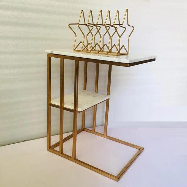 Creative White Marble & Metal Stone Side/Coffee Table With Magazine Holder ( Random Design ) - Ouch Cart
