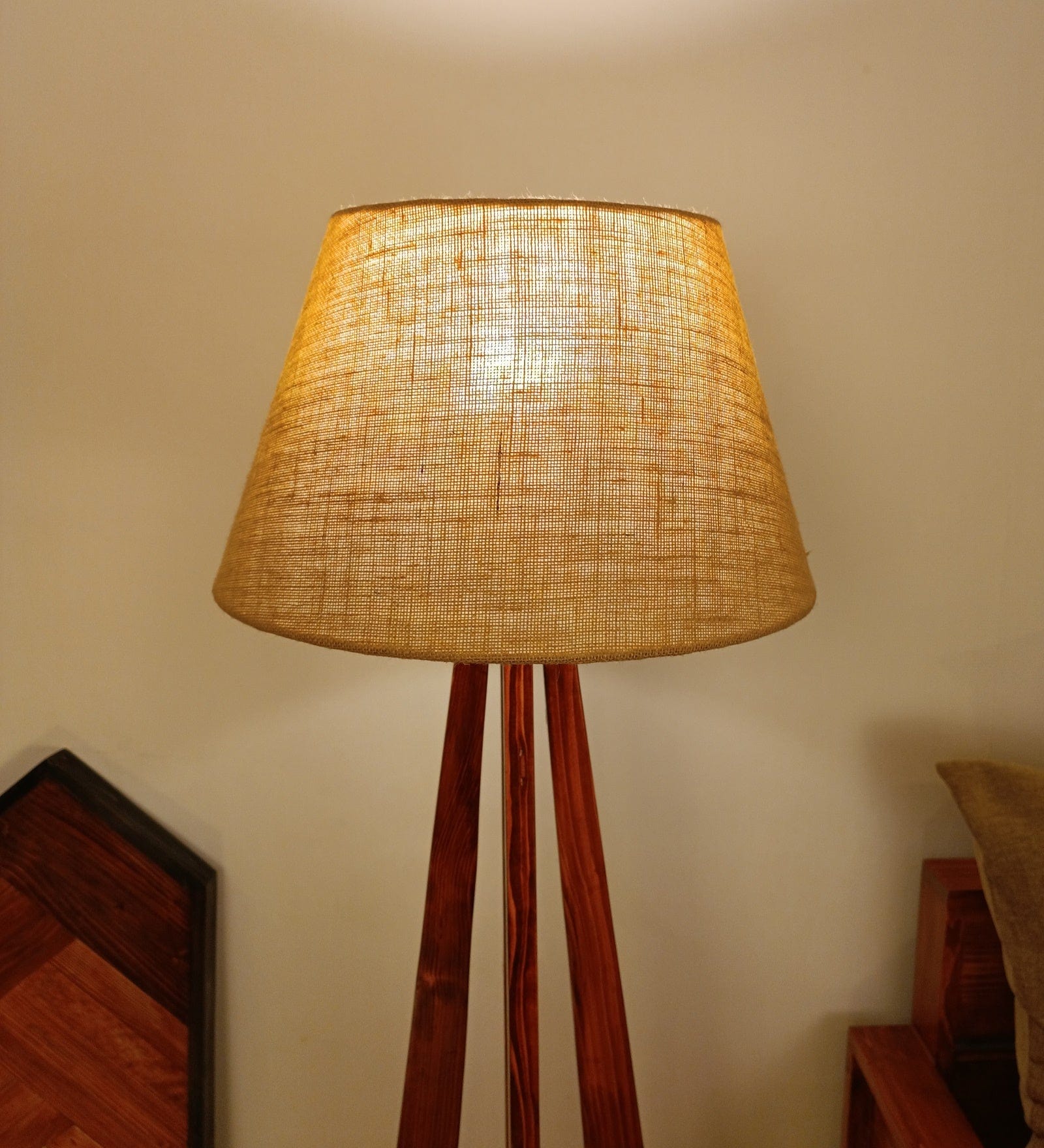 Zoe Wooden Floor Lamp with Brown Base and Jute Fabric Lampshade (BULB NOT INCLUDED)