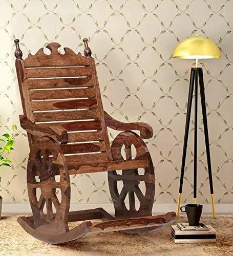 Solid Wood Rocking Chair in Rustic Teak Finish - Ouch Cart