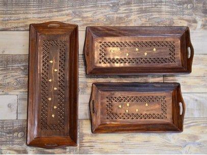 Premium Sheesham Wooden Serving Tray with Brass Work Set of 3 - Ouch Cart