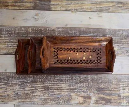 Premium Sheesham Wooden Serving Tray with Brass Work Set of 3 - Ouch Cart
