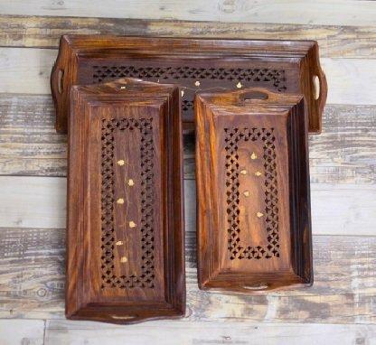 Premium Sheesham Wooden Serving Tray with Brass Work Set of 3 - Ouch Cart