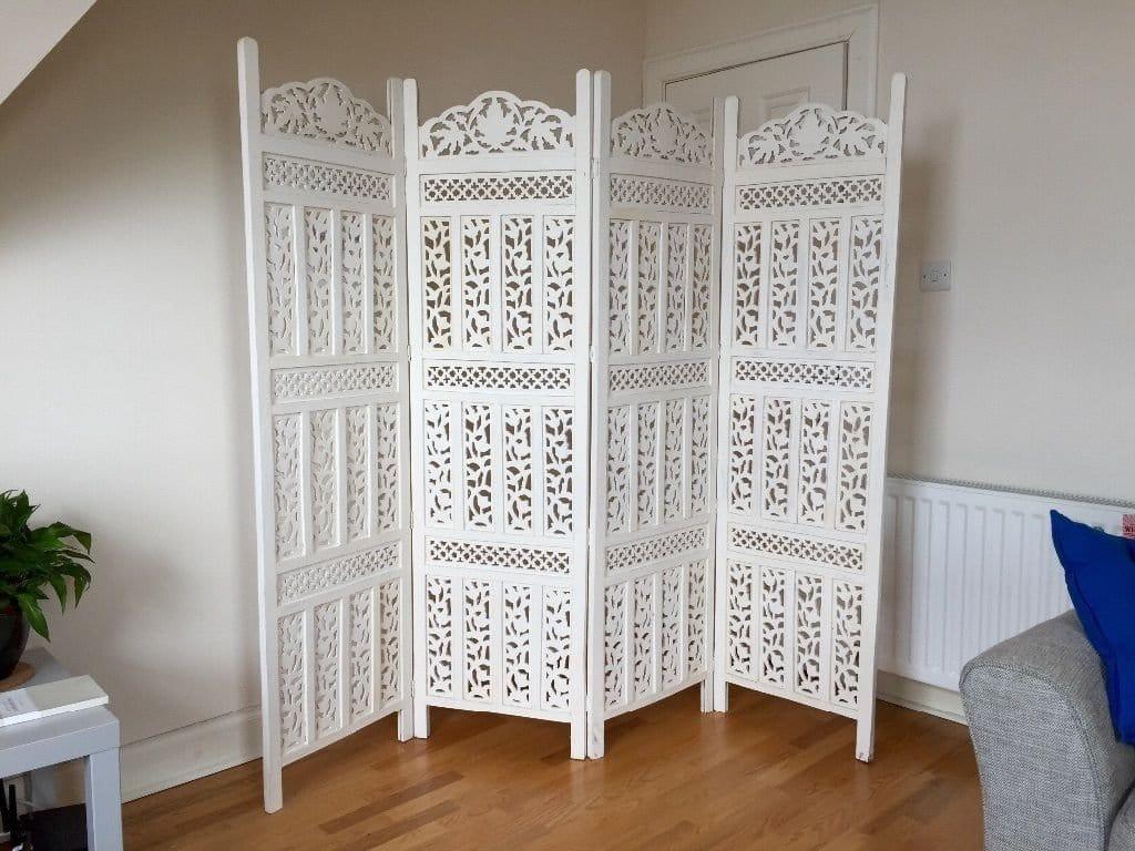 Wooden Handcrafted 4 Panel White Wooden Room Partition/Divider - Ouch Cart