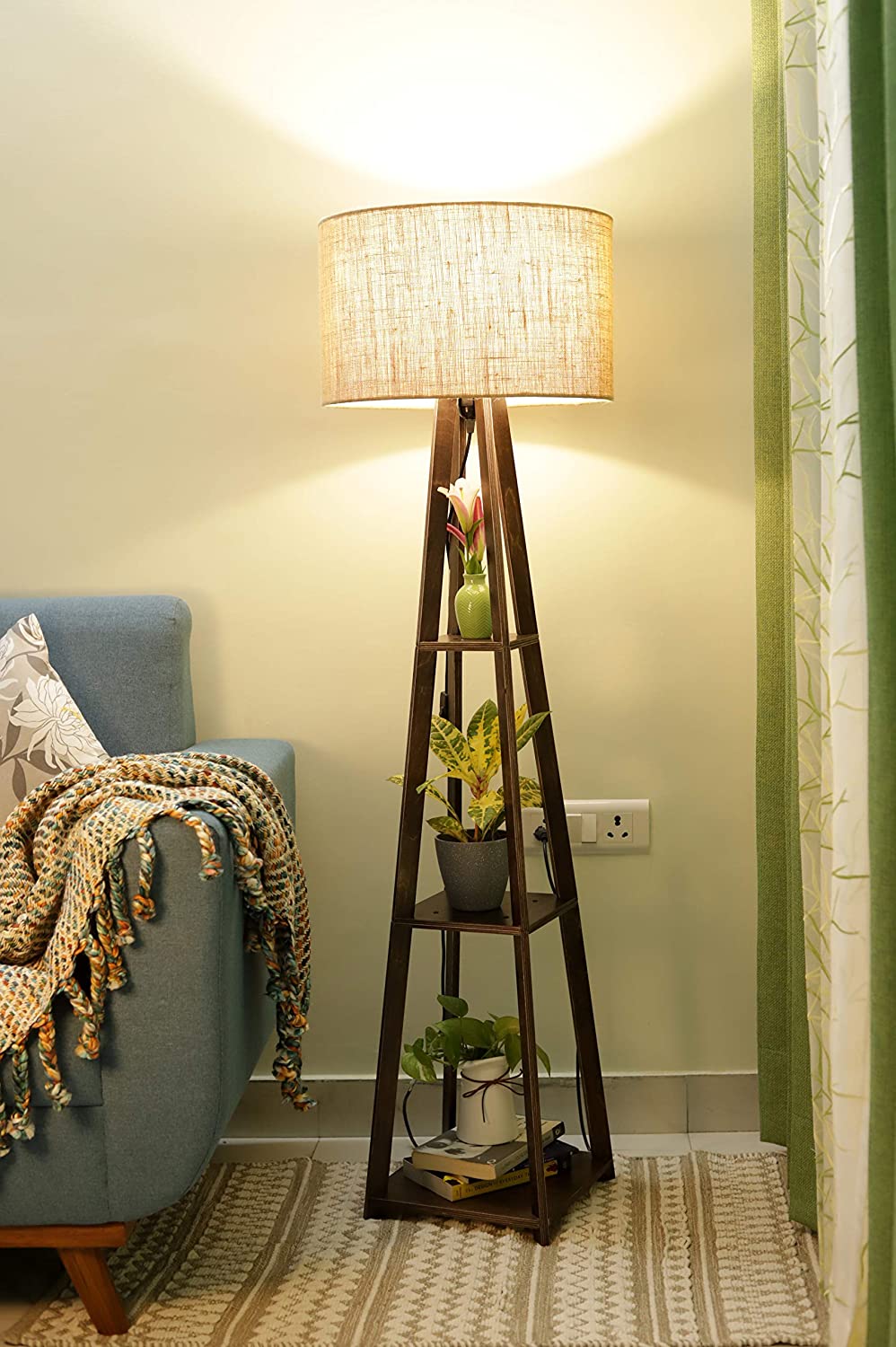 Premium Birch Plywood Brown Floor Lamp with Shelf (Jute Shade)