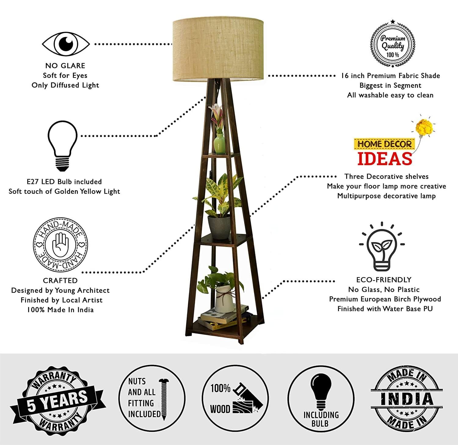 Premium Birch Plywood Brown Floor Lamp with Shelf (Jute Shade) - Ouch Cart