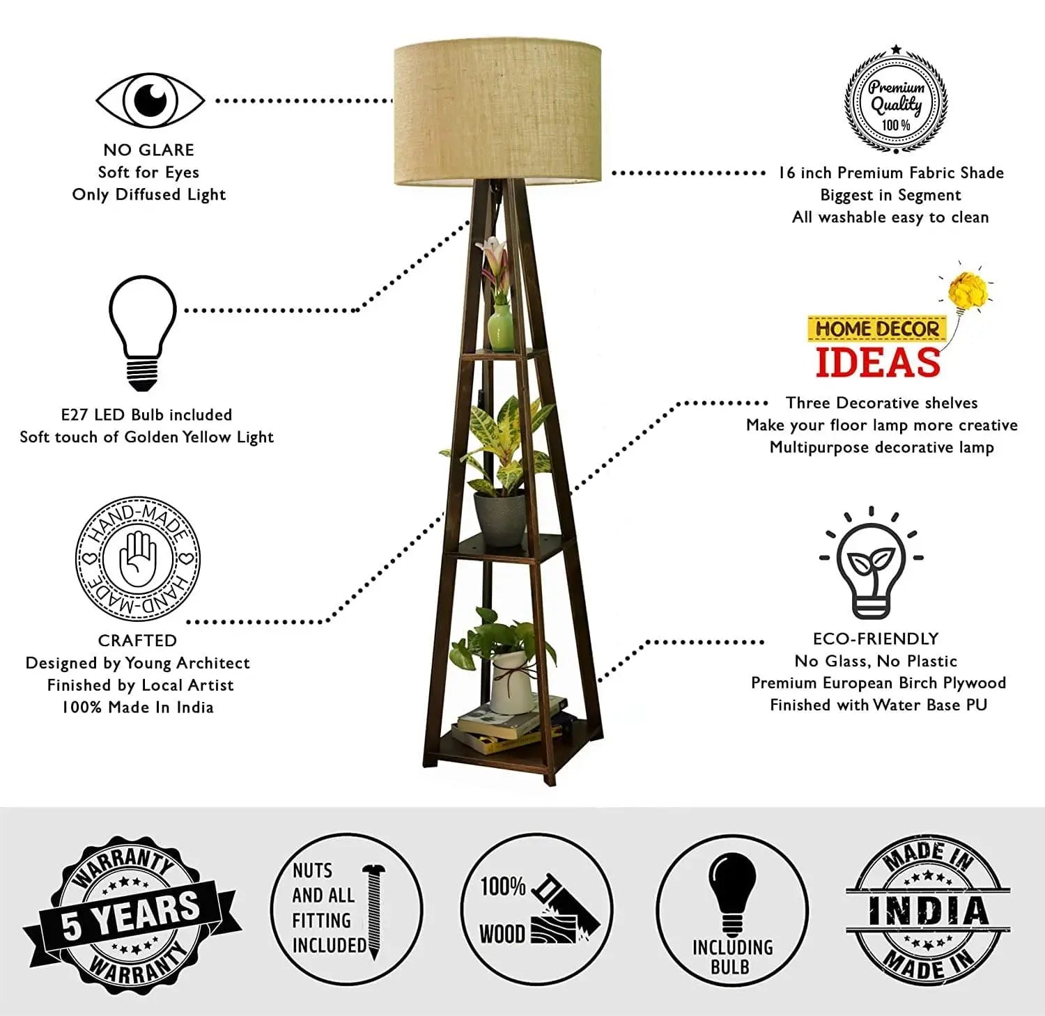 Premium Birch Plywood Brown Floor Lamp with Shelf (Jute Shade) - Ouch Cart