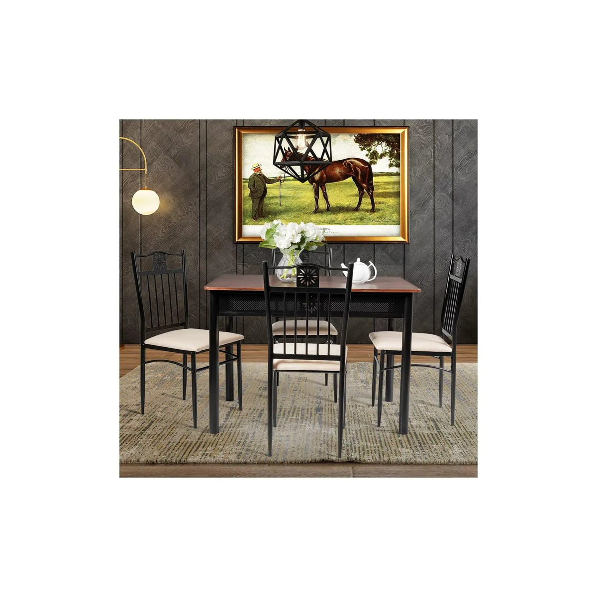 5 Piece Dining Set Wood Metal Table and Chairs Kitchen Furniture - Ouch Cart