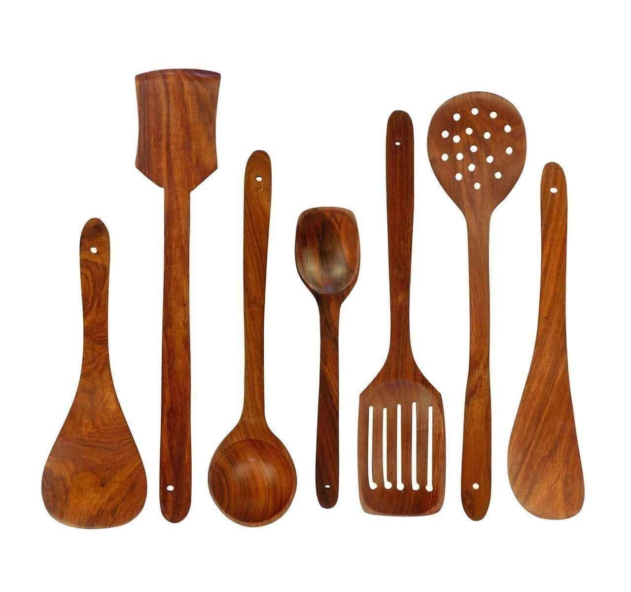 Wooden Cooking Spoons for Non- Stick Utensils Set Of 7 - Ouch Cart