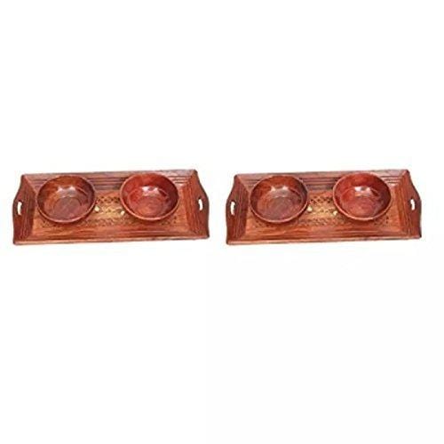 Handicrafts Designed Brown 2 Tray with 4 Bowls Wood Carvings Pack of 2