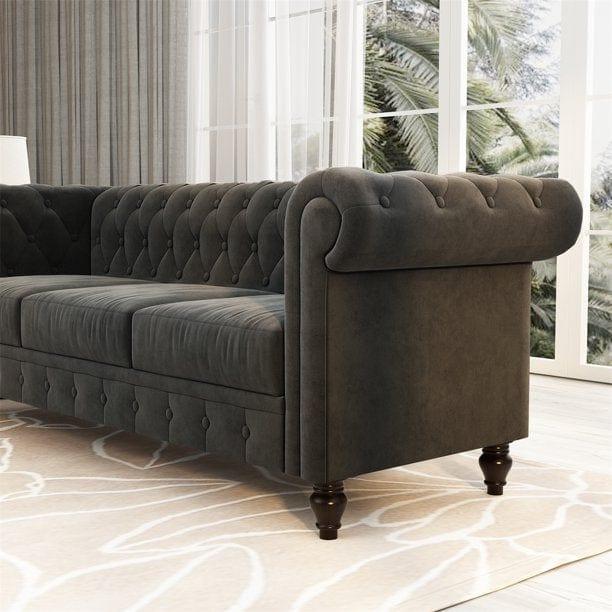 3 Seater Chesterfield Couch Furniture,Classic Velvet Upholstered Sofa with Deep Tufted Back and Scroll Arms - Ouch Cart
