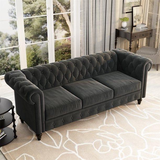 3 Seater Chesterfield Couch Furniture,Classic Velvet Upholstered Sofa with Deep Tufted Back and Scroll Arms - Ouch Cart