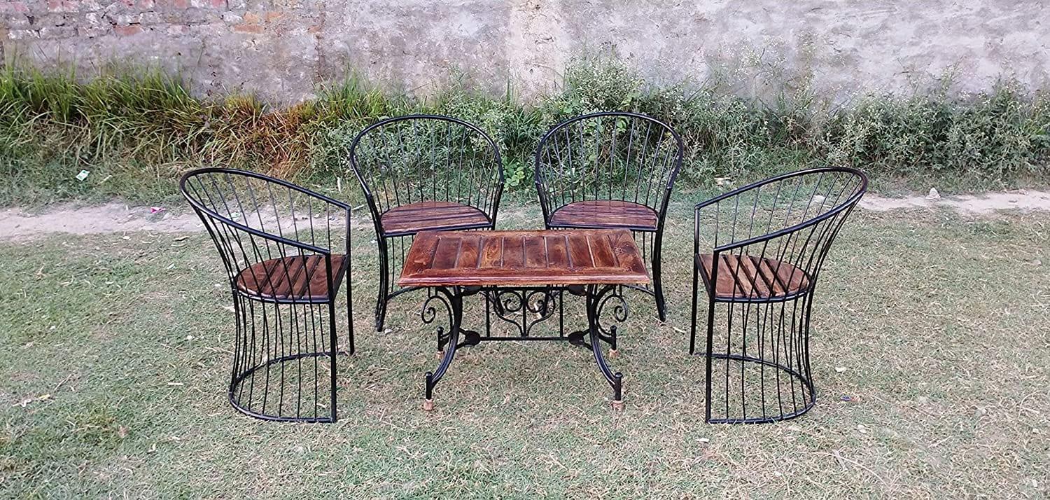 Wooden & Wrought Iron Outdoor/Indoor Set (4 Chairs + 1 Folding Table) - Ouch Cart