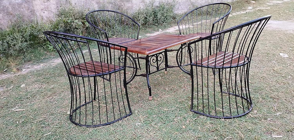 Wooden & Wrought Iron Outdoor/Indoor Set (4 Chairs + 1 Folding Table) - Ouch Cart