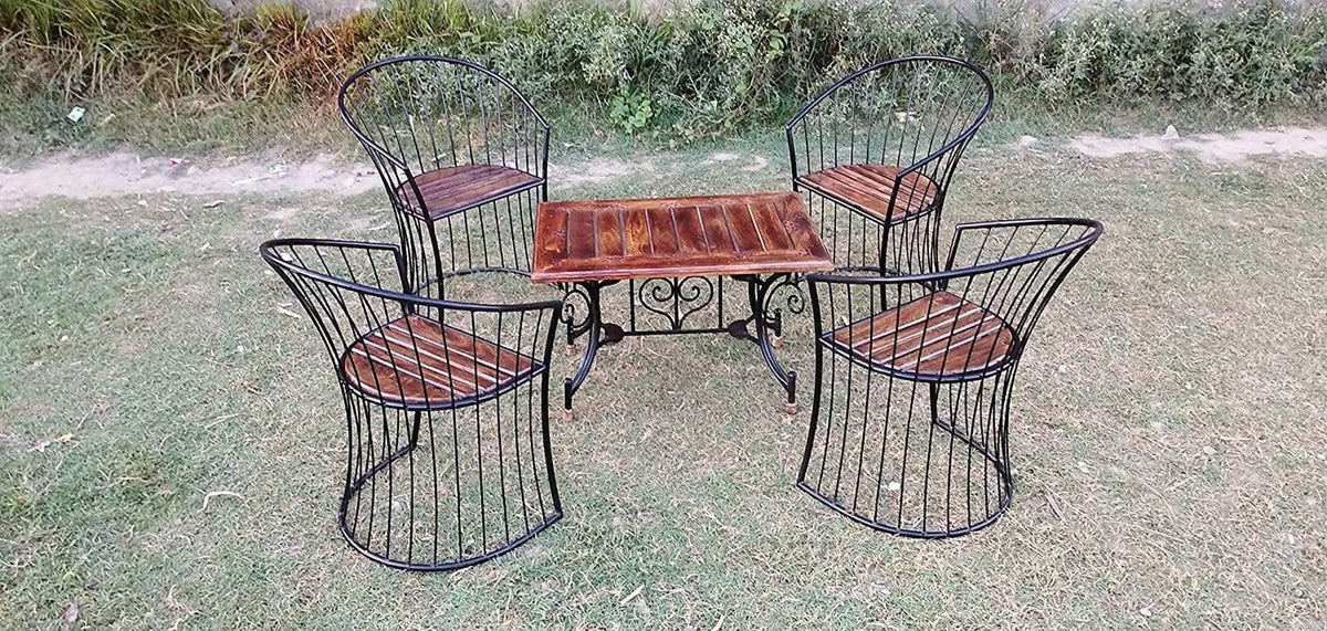 Wooden & Wrought Iron Outdoor/Indoor Set (4 Chairs + 1 Folding Table) - Ouch Cart