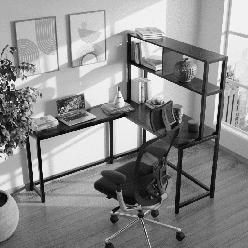 Hutch Corner L Shaped Study with Table Storage Design in Brown Color in - Ouch Cart