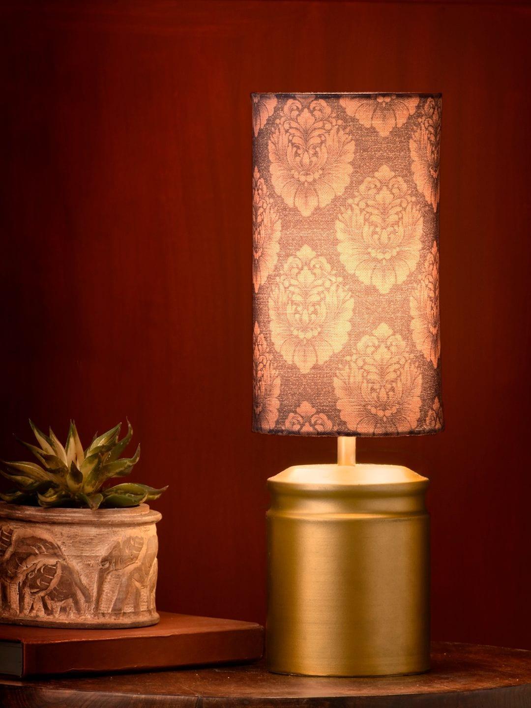 Metal Golden Table Lamp with Motives Printed Shade - Ouch Cart