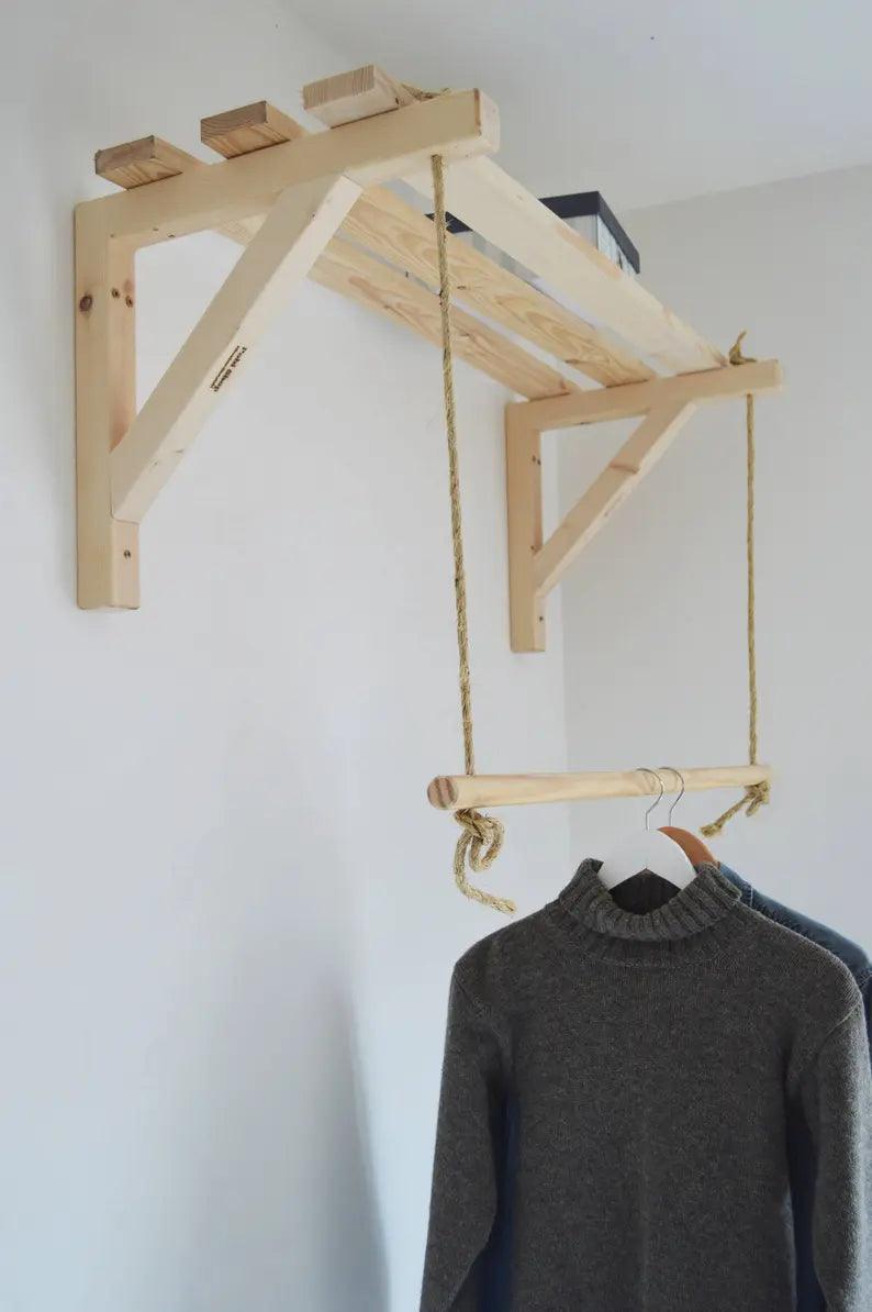 Wooden Bracket Shelf With Hanging Rope/Timber Clothes Rack ( With Complementary Coaster ) By Miza - Ouch Cart