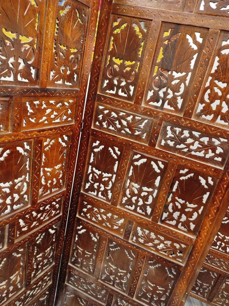 Wooden Divider Carved 4 Panel Wooden Partition Screen , Room Divider , Hand Polished Wooden Screen , Vintage Folding Screen , Hand Made. - Ouch Cart