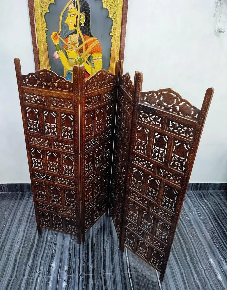 Wooden Divider Carved 4 Panel Wooden Partition Screen , Room Divider , Hand Polished Wooden Screen , Vintage Folding Screen , Hand Made. - Ouch Cart