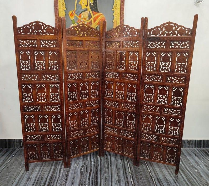 Wooden Divider Carved 4 Panel Wooden Partition Screen , Room Divider , Hand Polished Wooden Screen , Vintage Folding Screen , Hand Made. - Ouch Cart