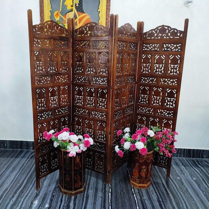 Wooden Divider Carved 4 Panel Wooden Partition Screen , Room Divider , Hand Polished Wooden Screen , Vintage Folding Screen , Hand Made. - Ouch Cart